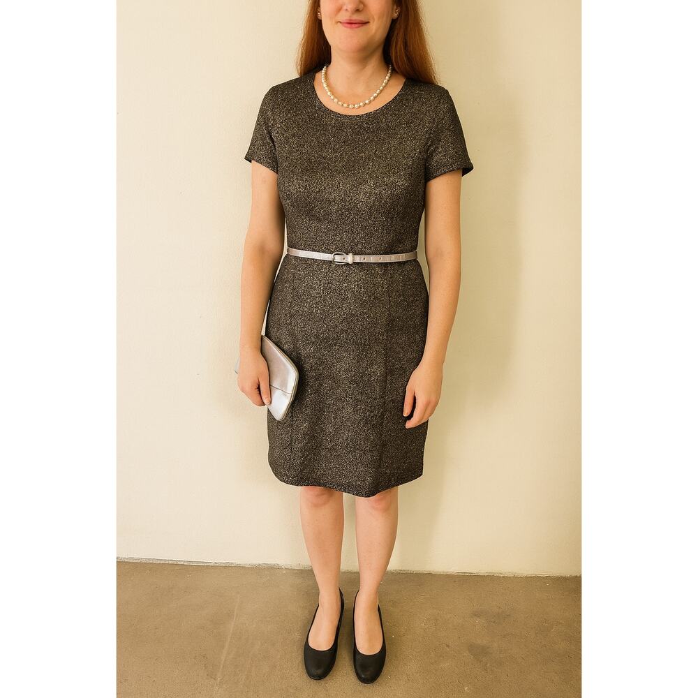 Aqua Metallic Gold Knit Dress M | Short Sleeve Party or Cocktail - Picture 7 of 7